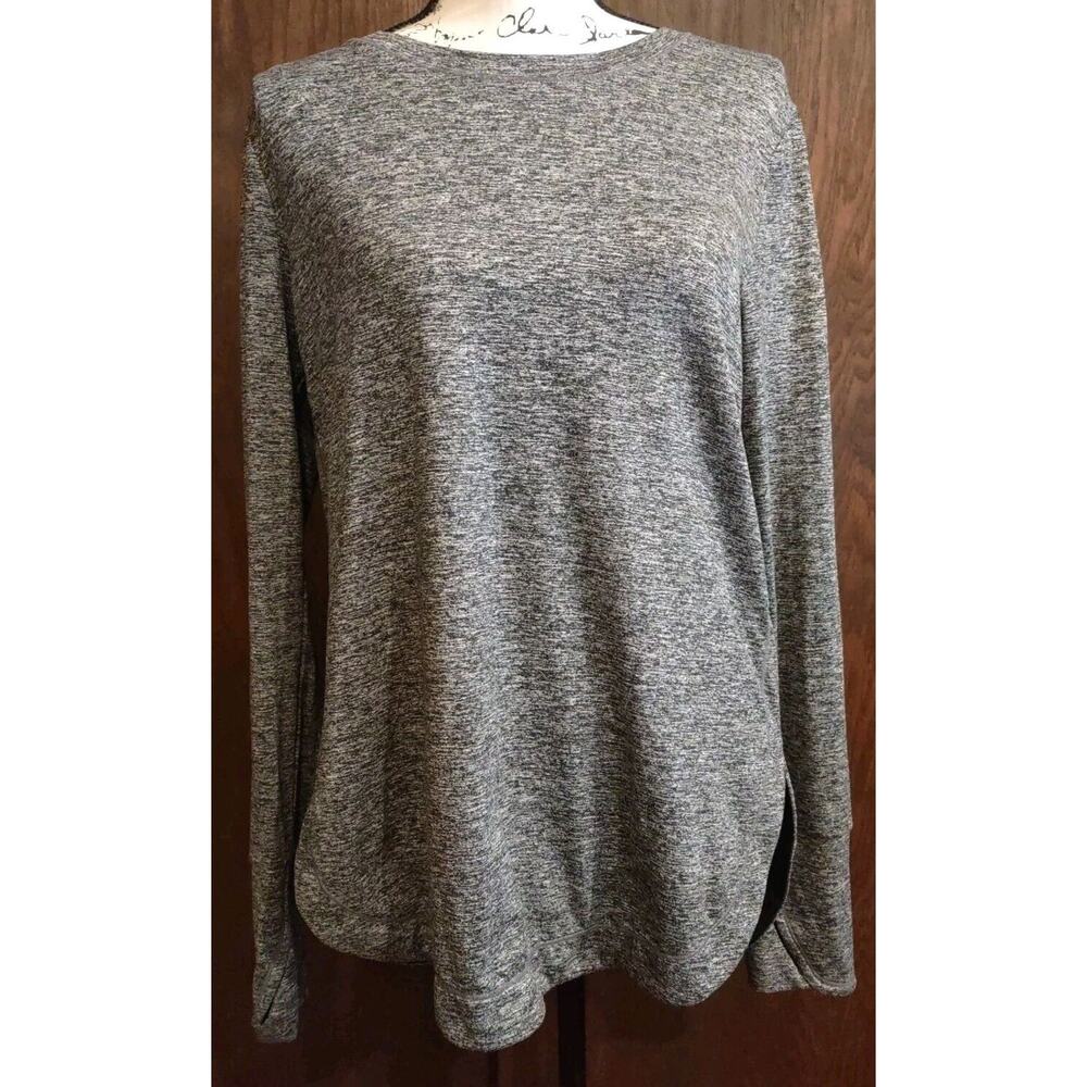 Athleta Womens Medium Long Sleeve Uptempo Top Shirt Gray Black Loose Tunic Crew